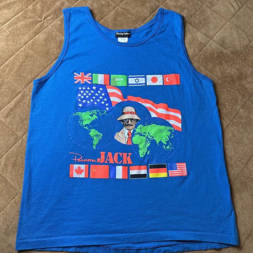 Vtg 80s Panama Jack Tank Top Mens XL Flying Colors World Flags Single Stitch